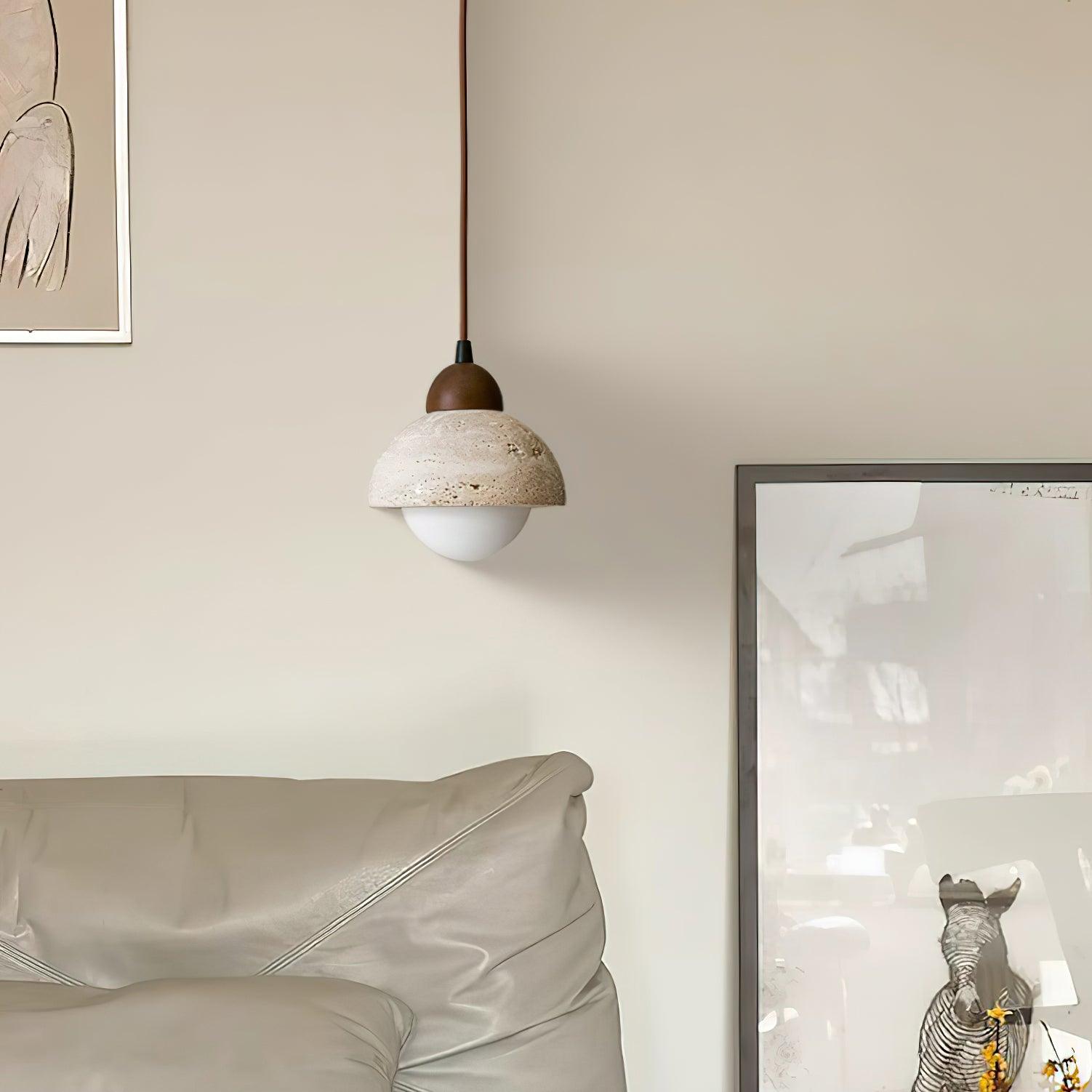 Pendant Lamp Wood Top Yellow Travertine Glass Shade White Beige Modern - Letslighting