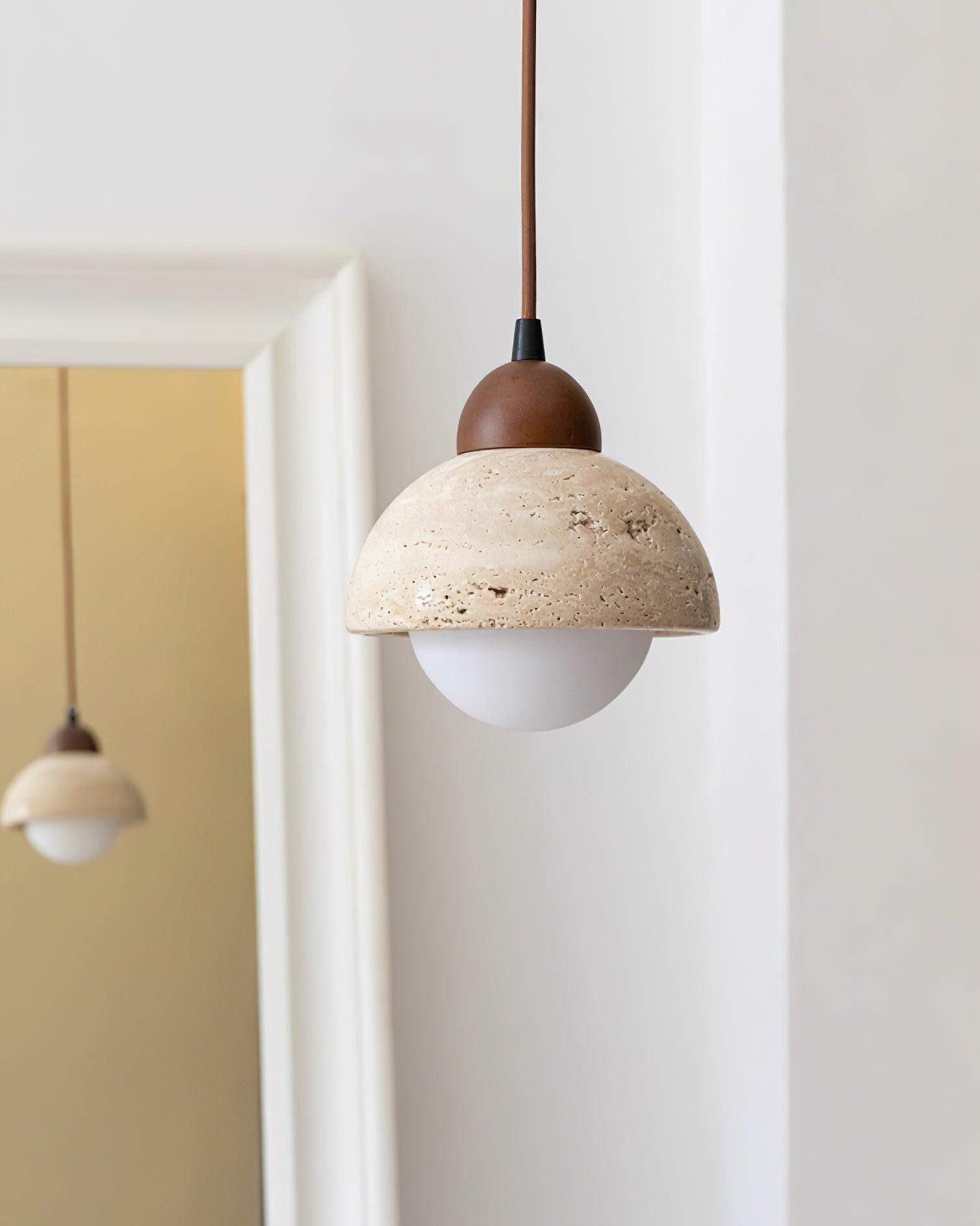 Pendant Lamp Wood Top Yellow Travertine Glass Shade White Beige Modern - Letslighting