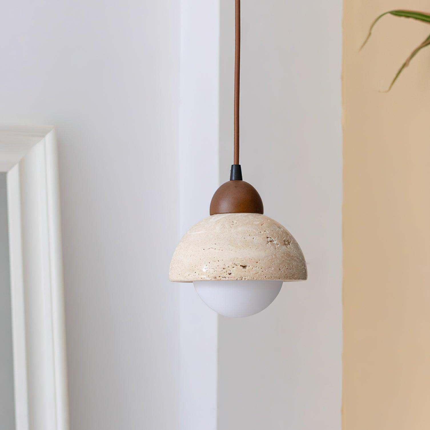 Pendant Lamp Wood Top Yellow Travertine Glass Shade White Beige Modern - Letslighting