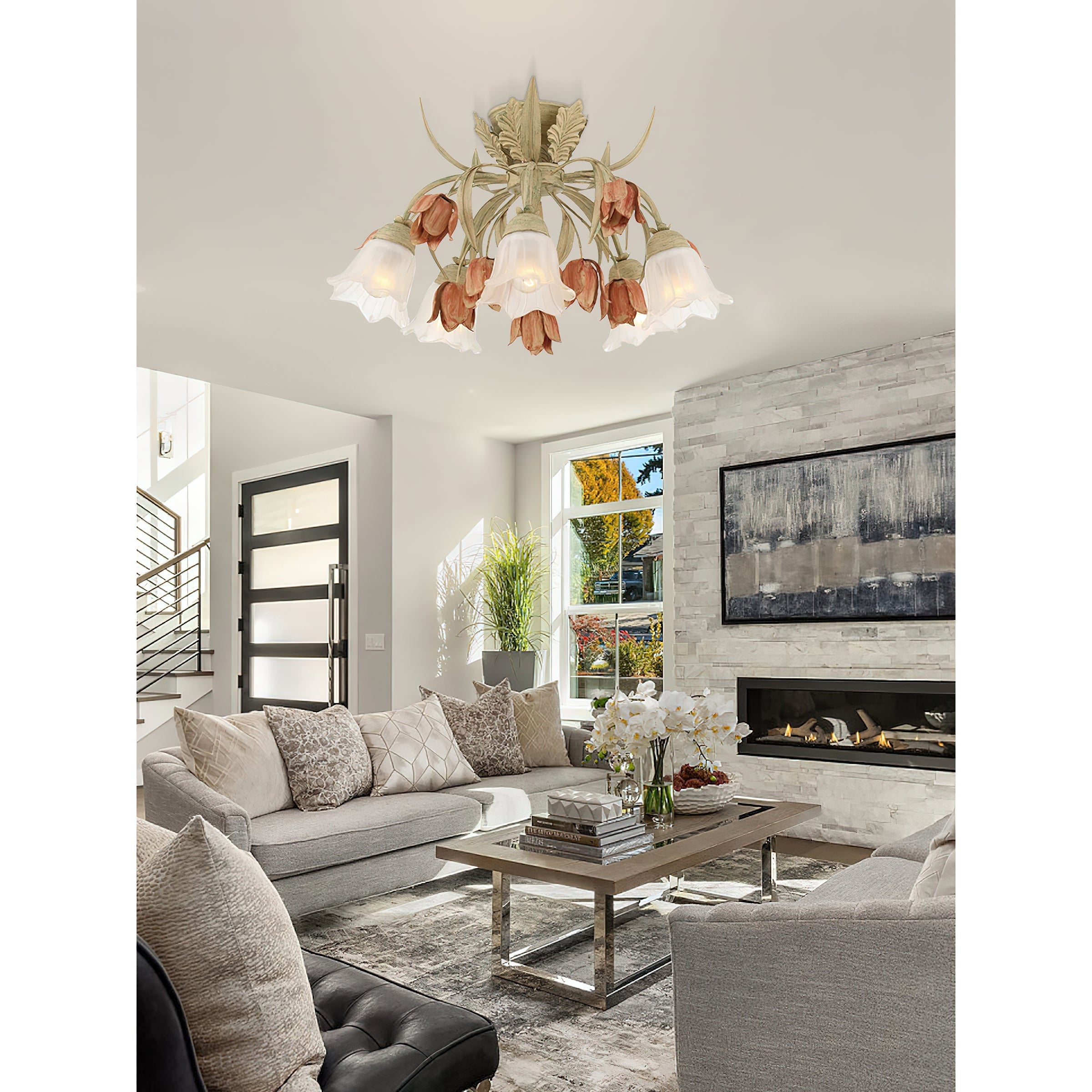 Veshael Elegance Art Sage Rose Glass Ceiling Lamp - Lamp Copper