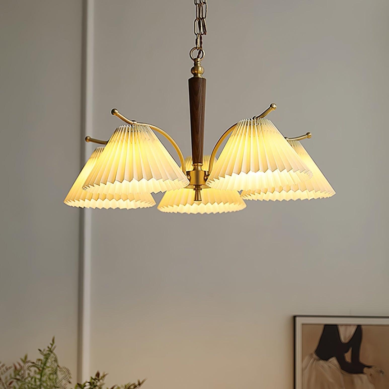 Chandelier Pleated Fabric Shades Walnut Brass Arms Warm Retro - Letslighting