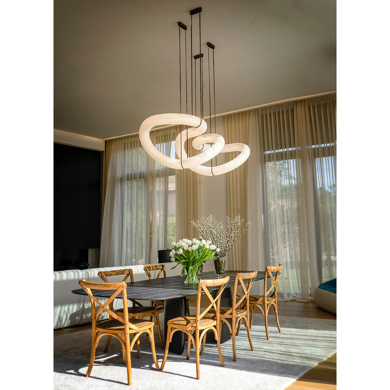 Syrinan Modern Minimalist Luxe Ring Leather Alabaster Chandelier - Lamp Copper