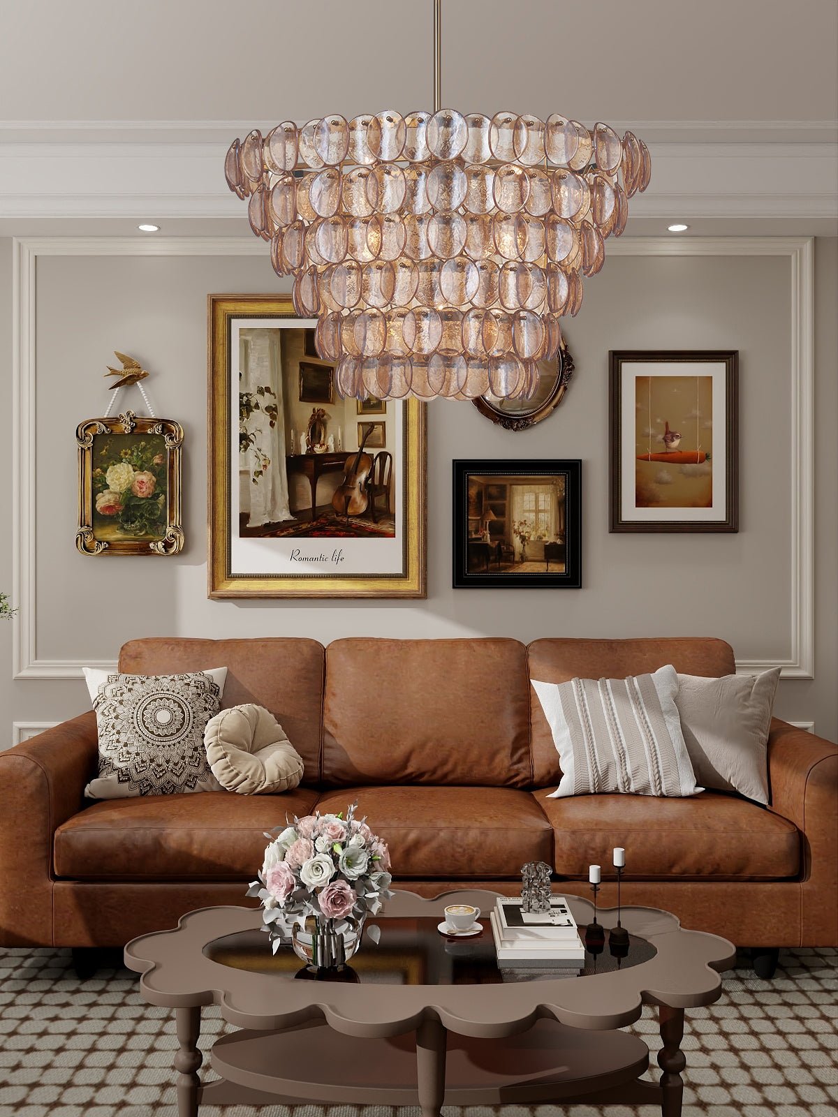 Aurora Chandelier Large Amber Glass Disc Fish Scale Brass - Letslighting