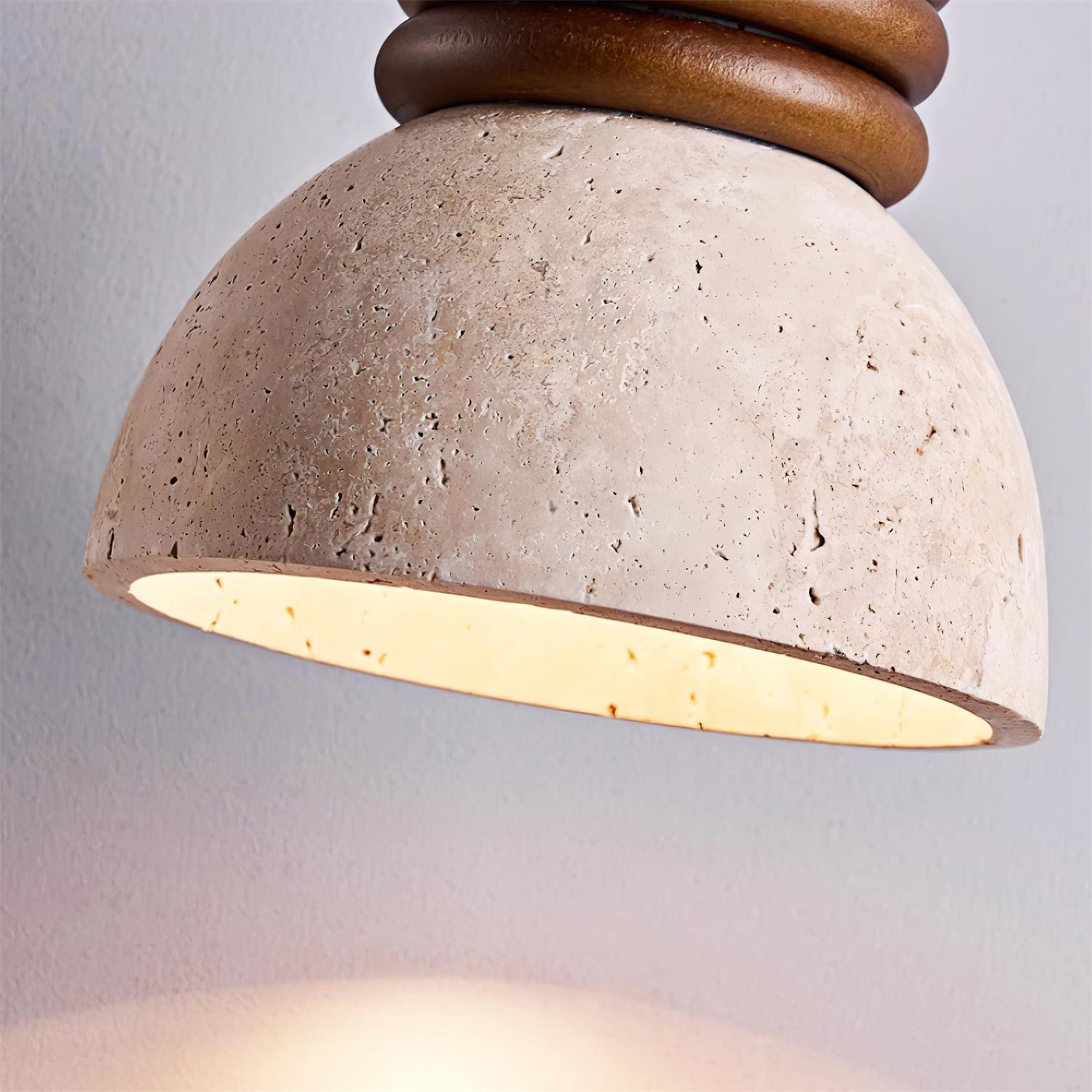 Pendant Lamp Travertine Dome Walnut Wood Rings Ambient Minimalist - Letslighting