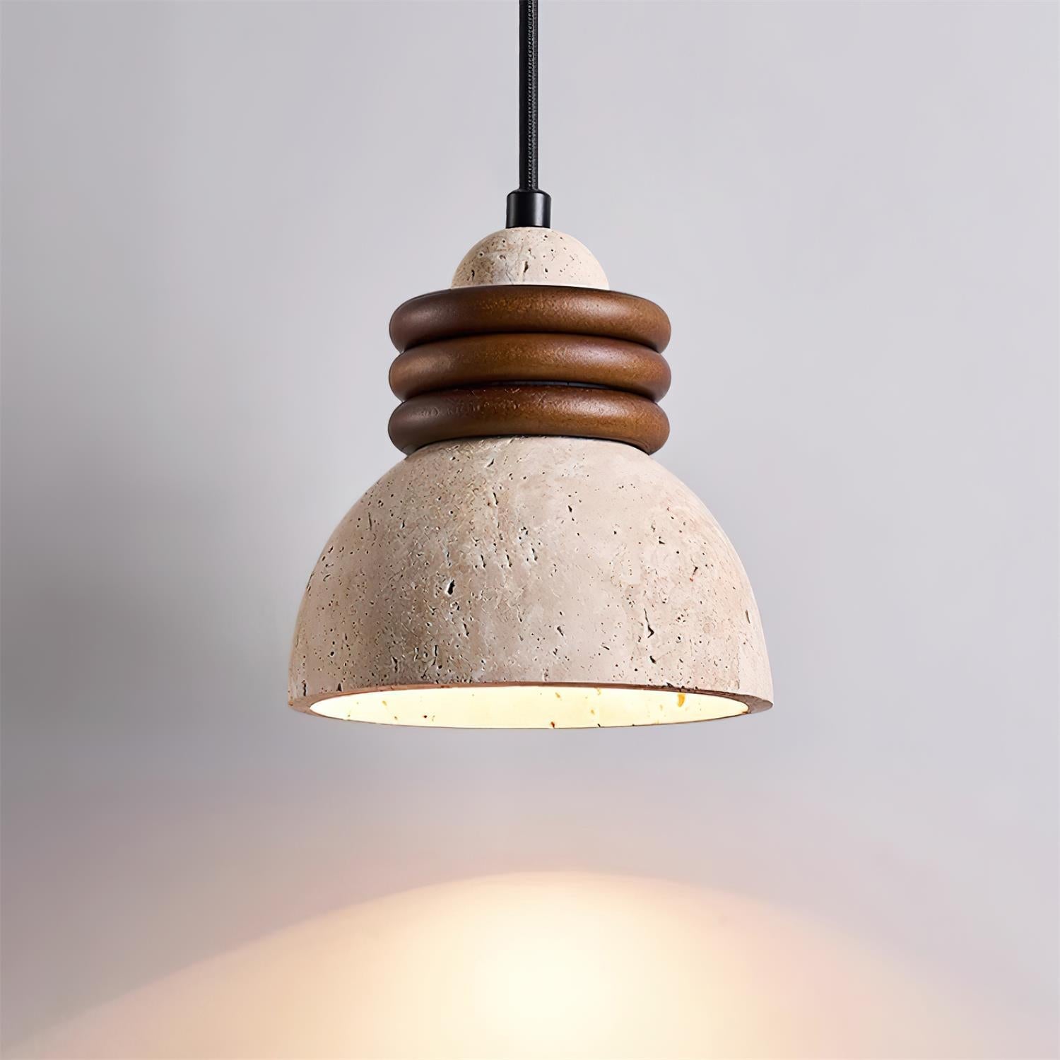 Pendant Lamp Travertine Dome Walnut Wood Rings Ambient Minimalist - Letslighting