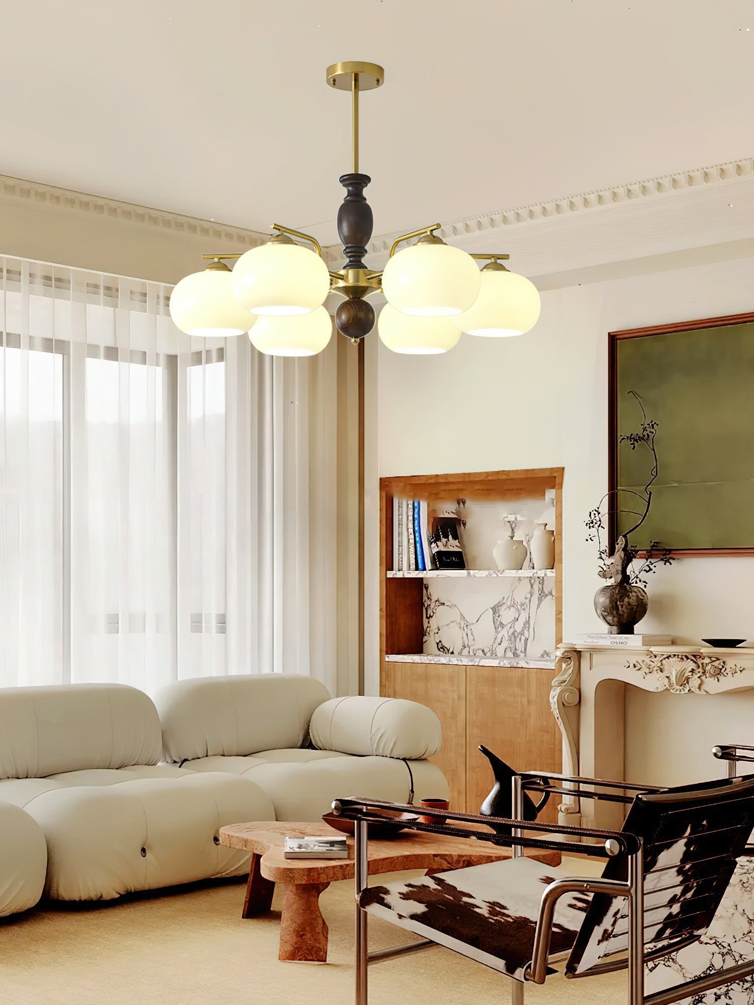 Aurora Chandelier Walnut Beige Orb - Blowlighting