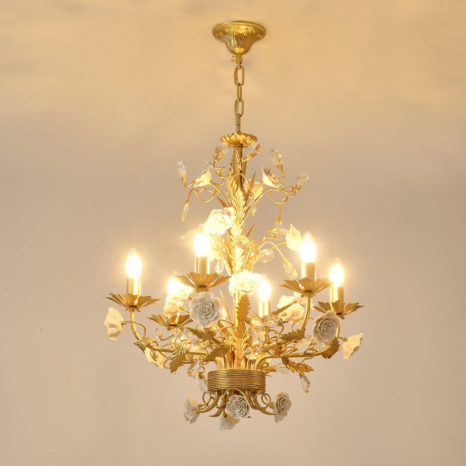Chandelier Ornate Frame Porcelain Roses Crystal Classic Luxury - Letslighting