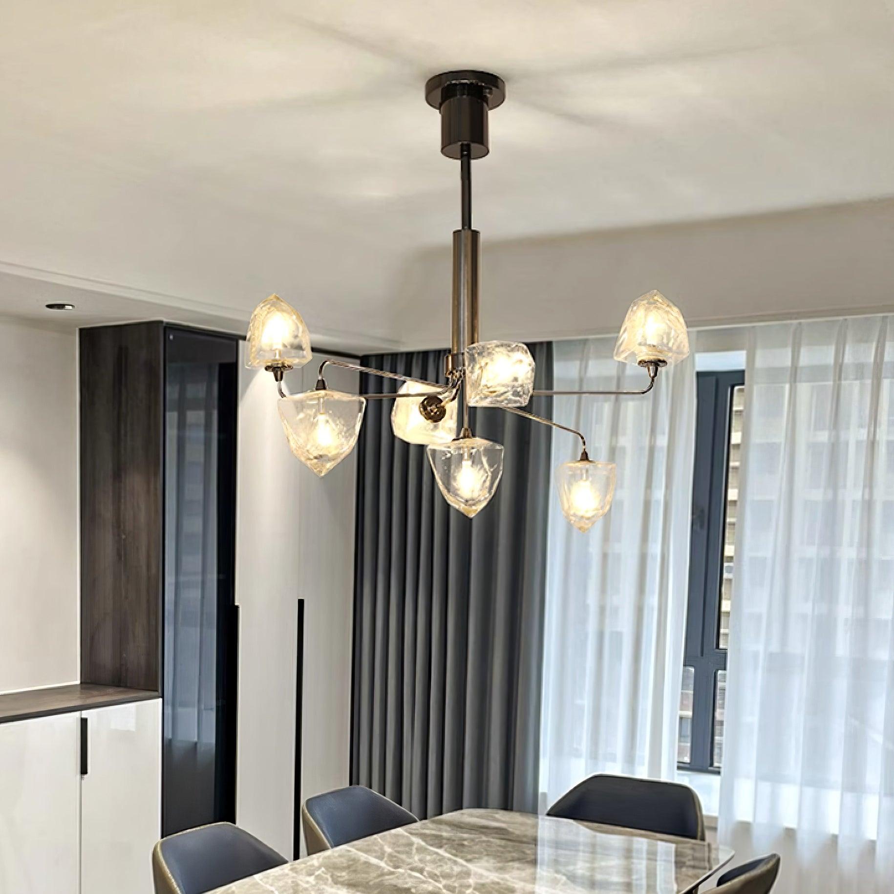 Zevin Chandelier Faceted Glass Shades Brass Arms Artisanal - Letslighting