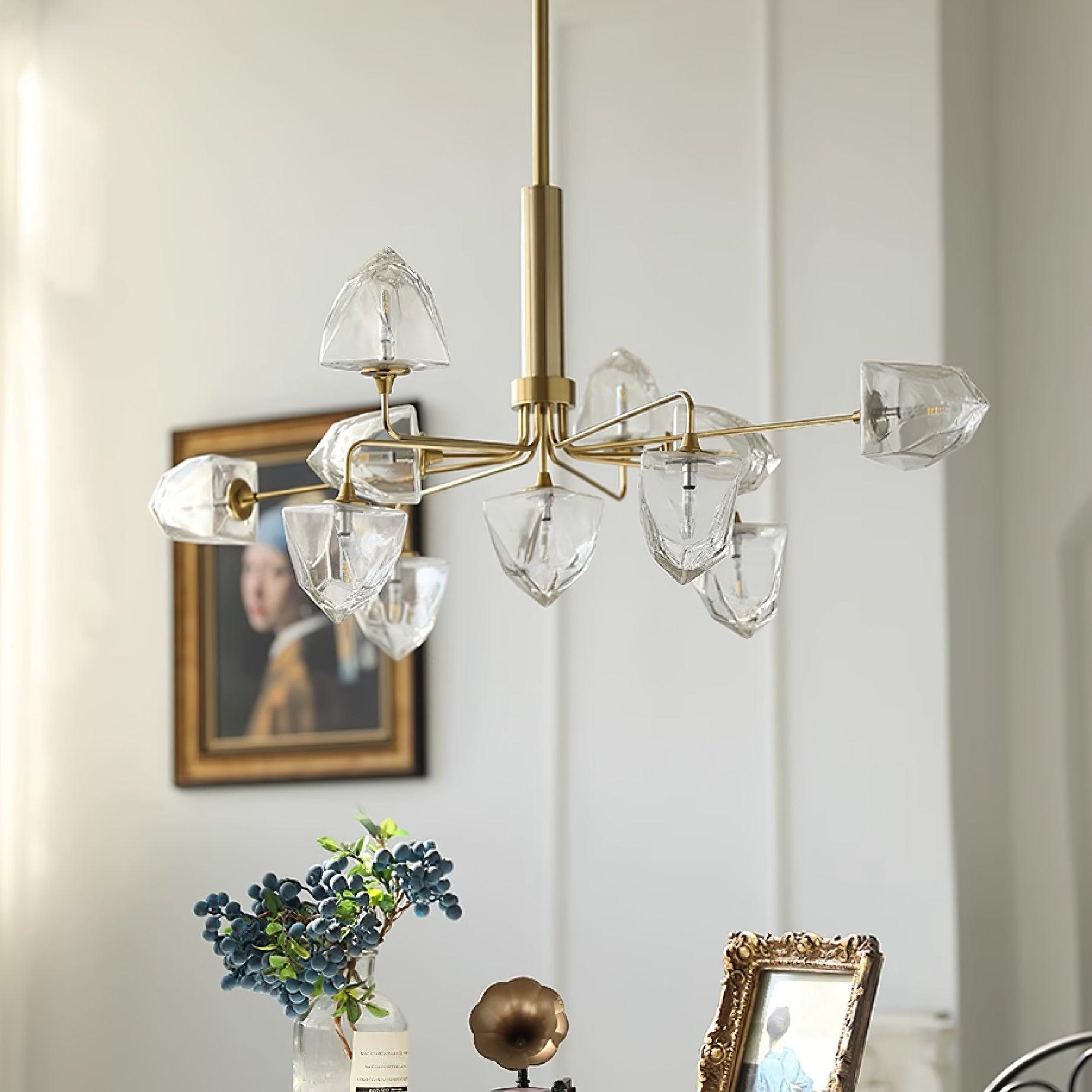 Zevin Chandelier Faceted Glass Shades Brass Arms Artisanal - Letslighting