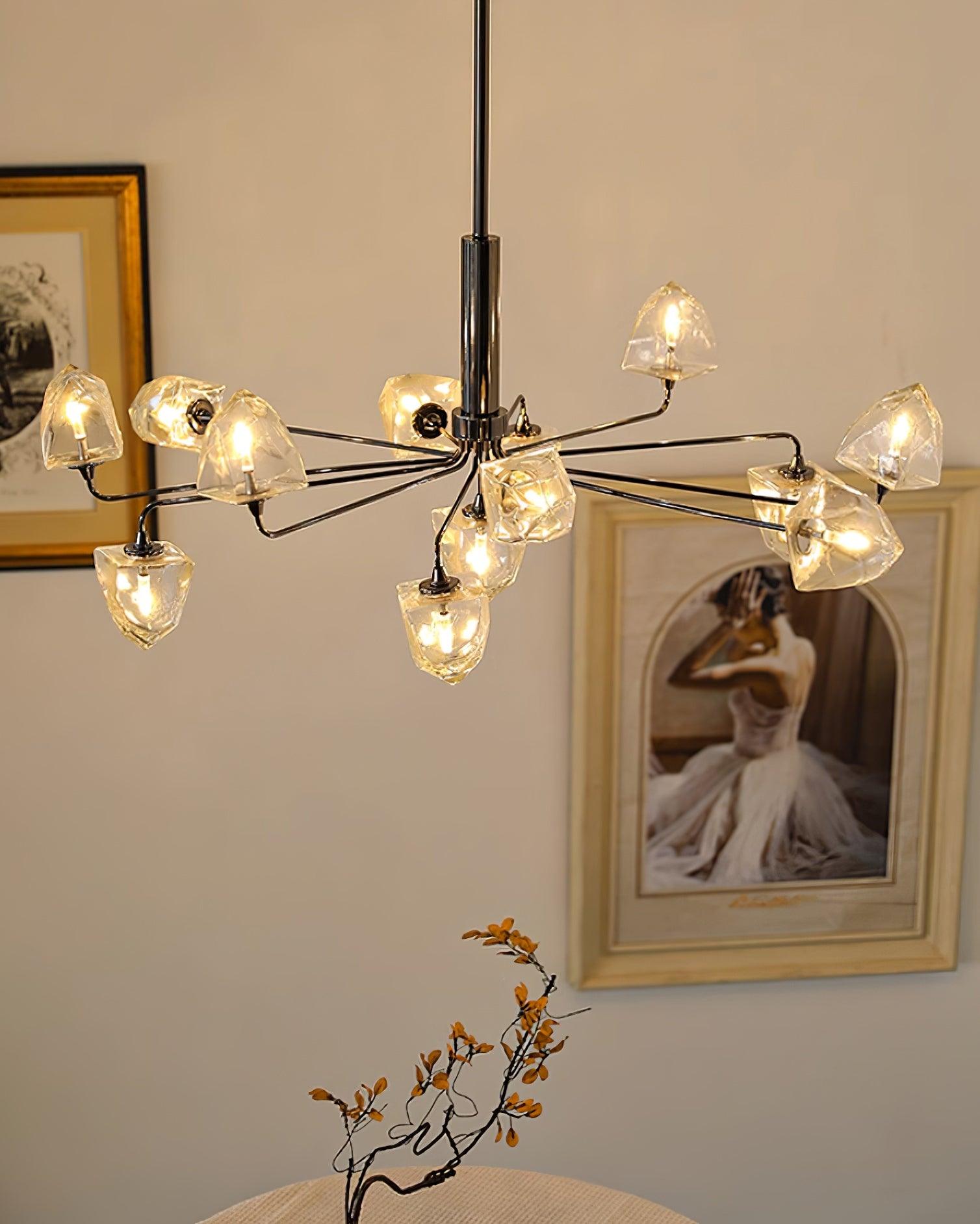 Zevin Chandelier Faceted Glass Shades Brass Arms Artisanal - Letslighting