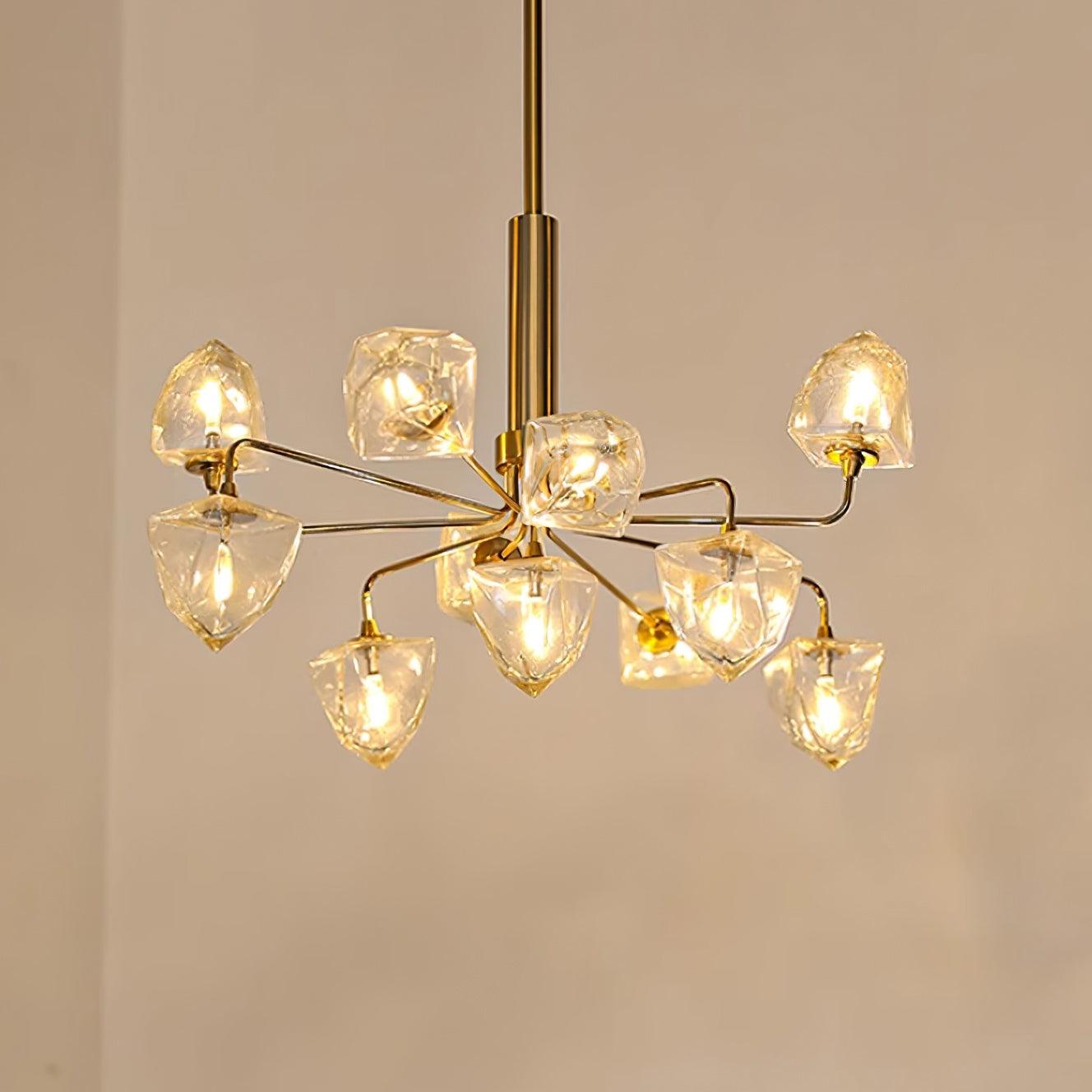 Zevin Chandelier Faceted Glass Shades Brass Arms Artisanal - Letslighting