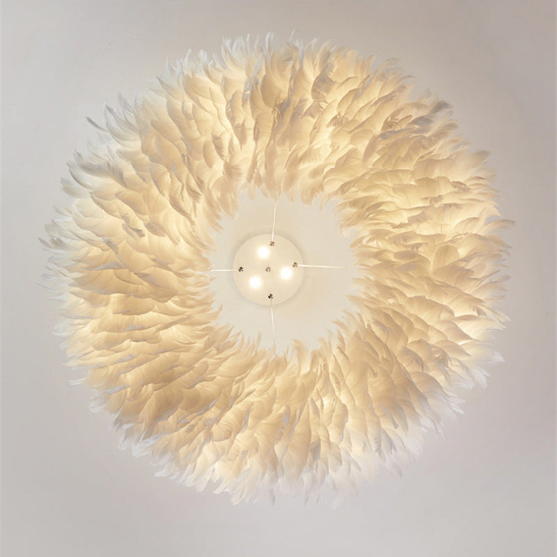 O'Moore Suspension Rond Moderne, Acrylique/Métal/Plume, Blanc, Chambre